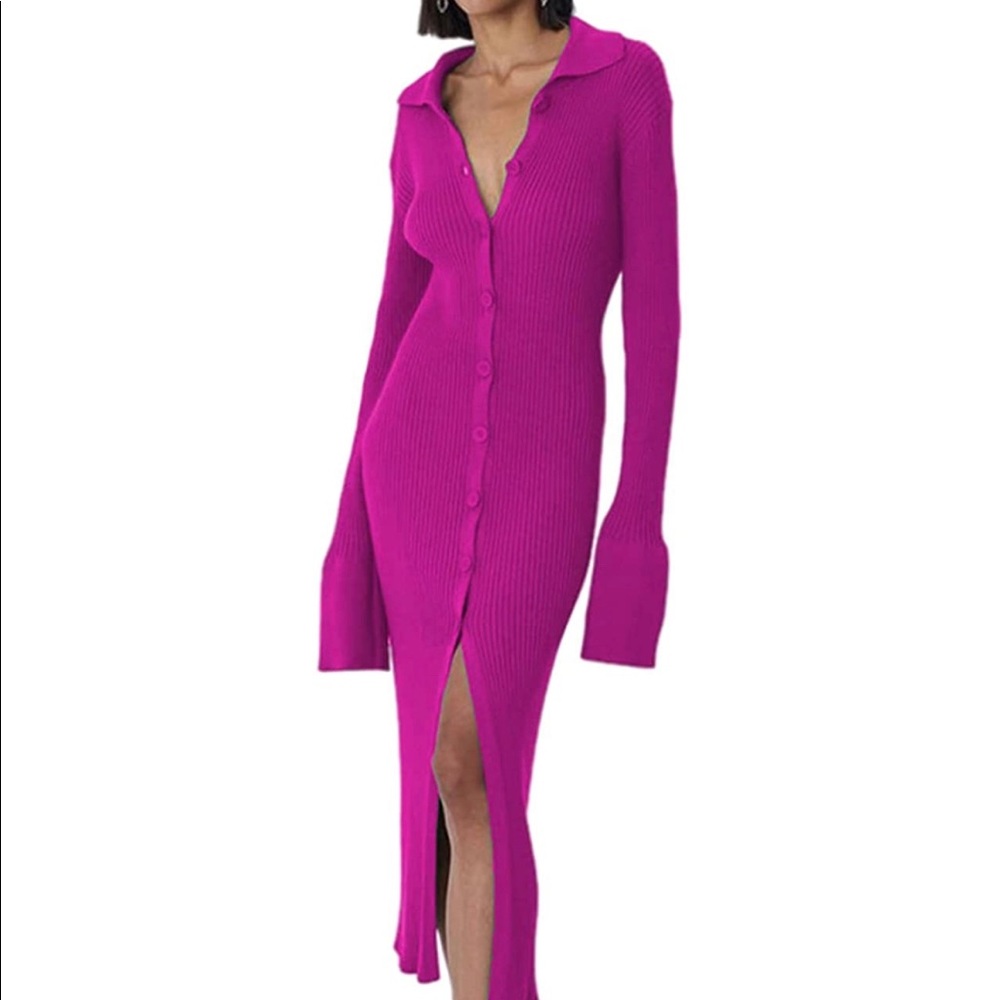 Solid Cardigan Magenta Midi Sweater Dress